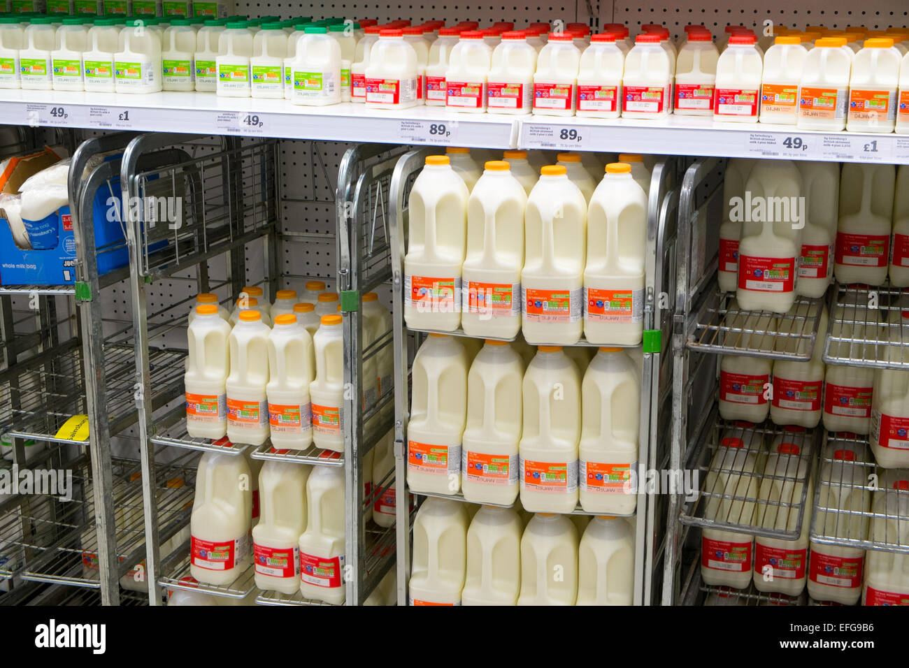 Milch zum Verkauf in einem englischen sainsburys Supermarkt, Großbritannien, Europa Stockfoto