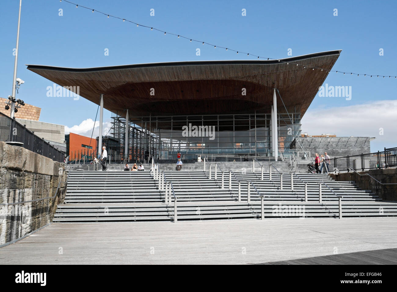 Senedd Welsh Assembly Building in Cardiff Bay Wales, Großbritannien, nachhaltige Architektur der britischen lokalen Regierung Stockfoto