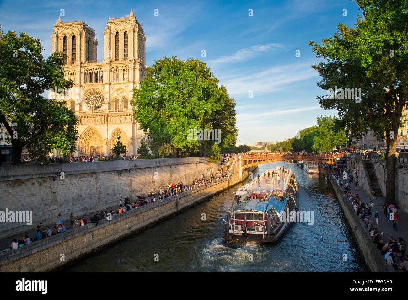 Parisern entlang Ufer, unterhalb der Kathedrale Notre Dame feiern Fête De La Musique - jährliche stadtweite Music Festival jedes Jahr im Juni Stockfoto