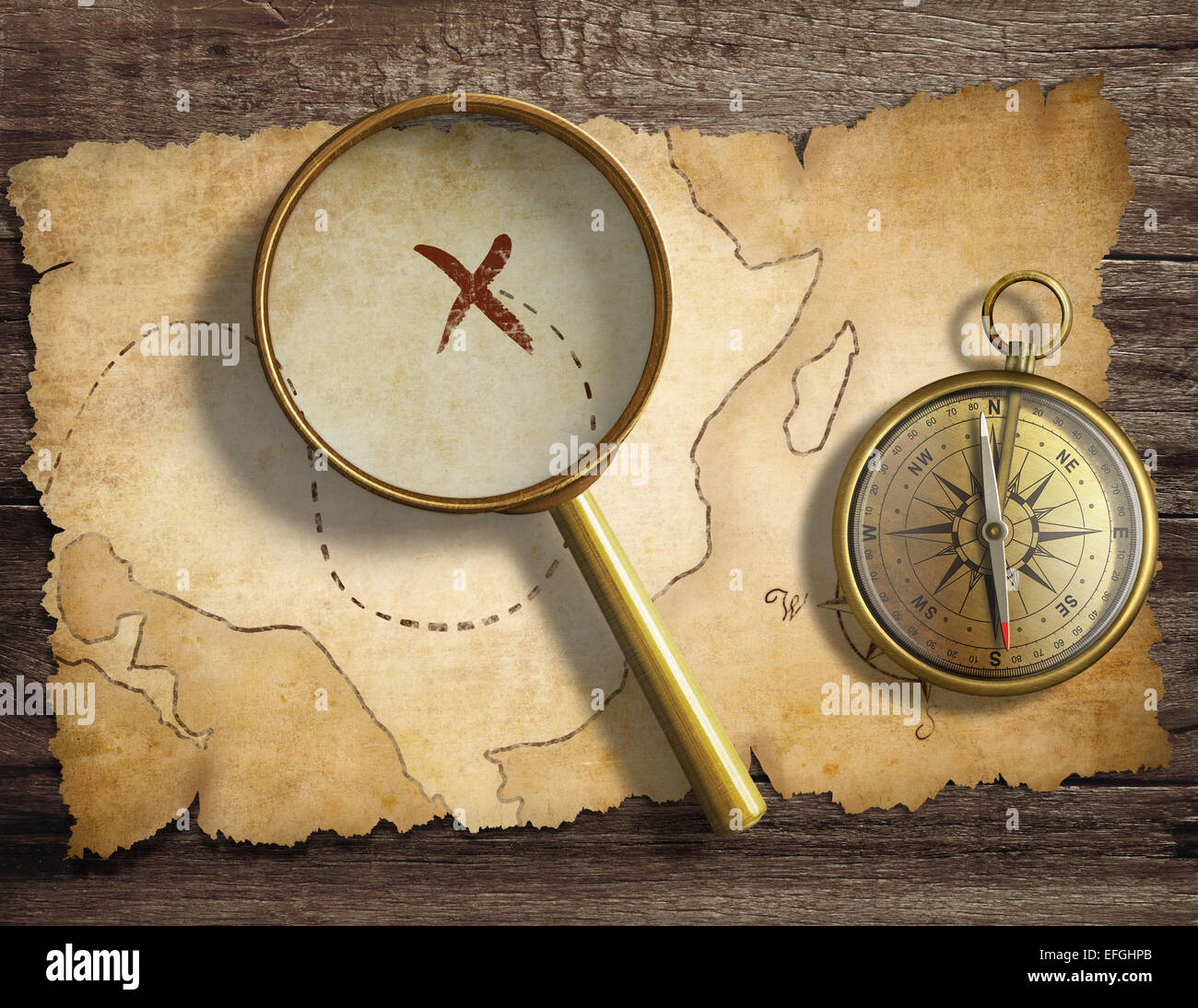 im Alter von antiken nautischen Kompass und Lupe am Tisch mit Schatzkarte Stockfoto
