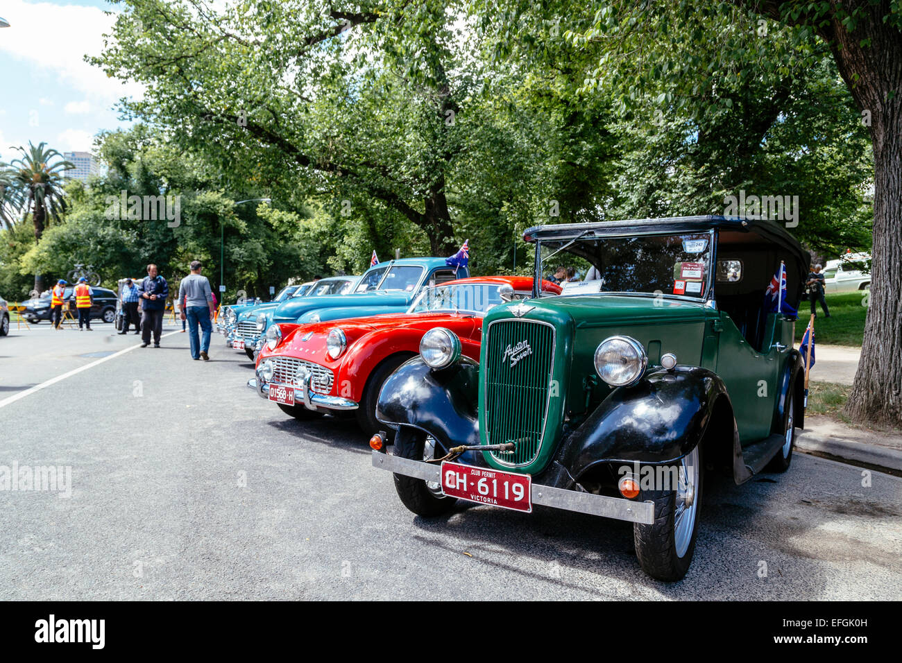 Oldtimer auf Display, RACV Australia Day Picknick und Föderation Fahrzeug anzeigen, Kings Domain, Melbourne, Victoria, Australien Stockfoto