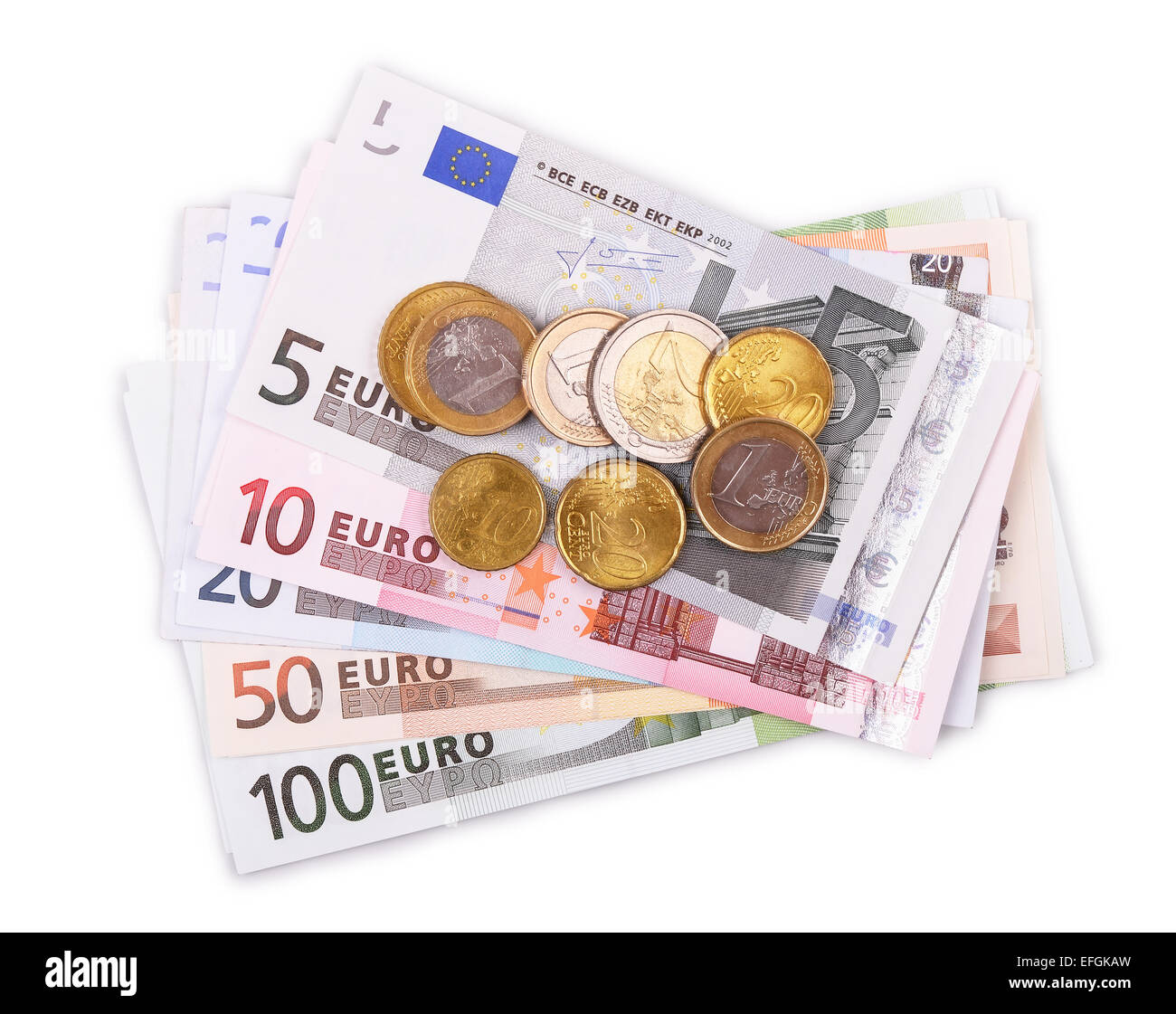 Euro-Banknoten und-Münzen isoliert auf weiss Stockfoto
