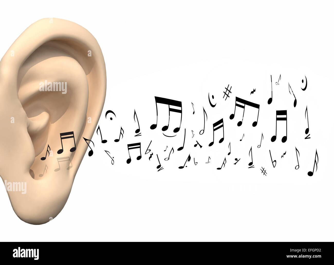großes Ohr und Musik Noten kommen, 3d illustration Stockfotografie Alamy