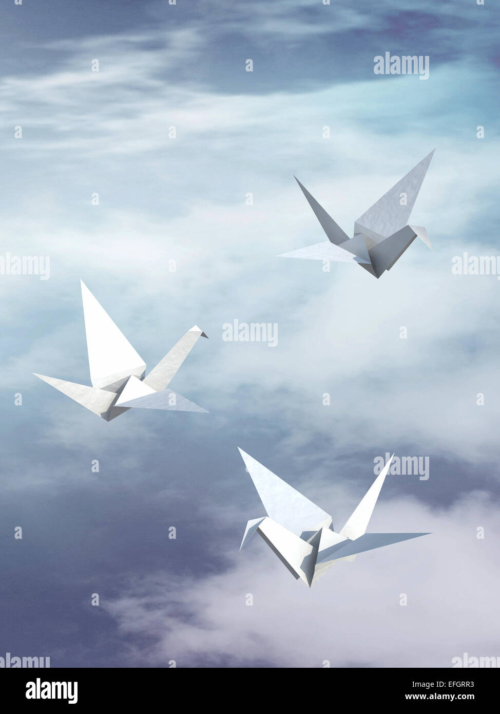 Origami Papier Vogel fliegen in den Himmel, 3d illustration Stockfoto
