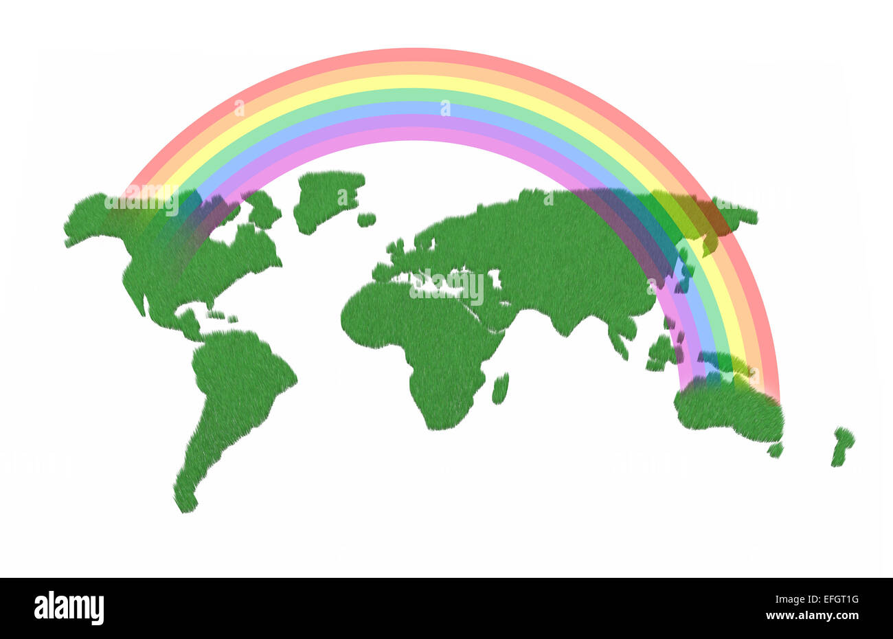 Weltkarte, die mit Rasen und Regenbogen über, 3d illustration Stockfoto