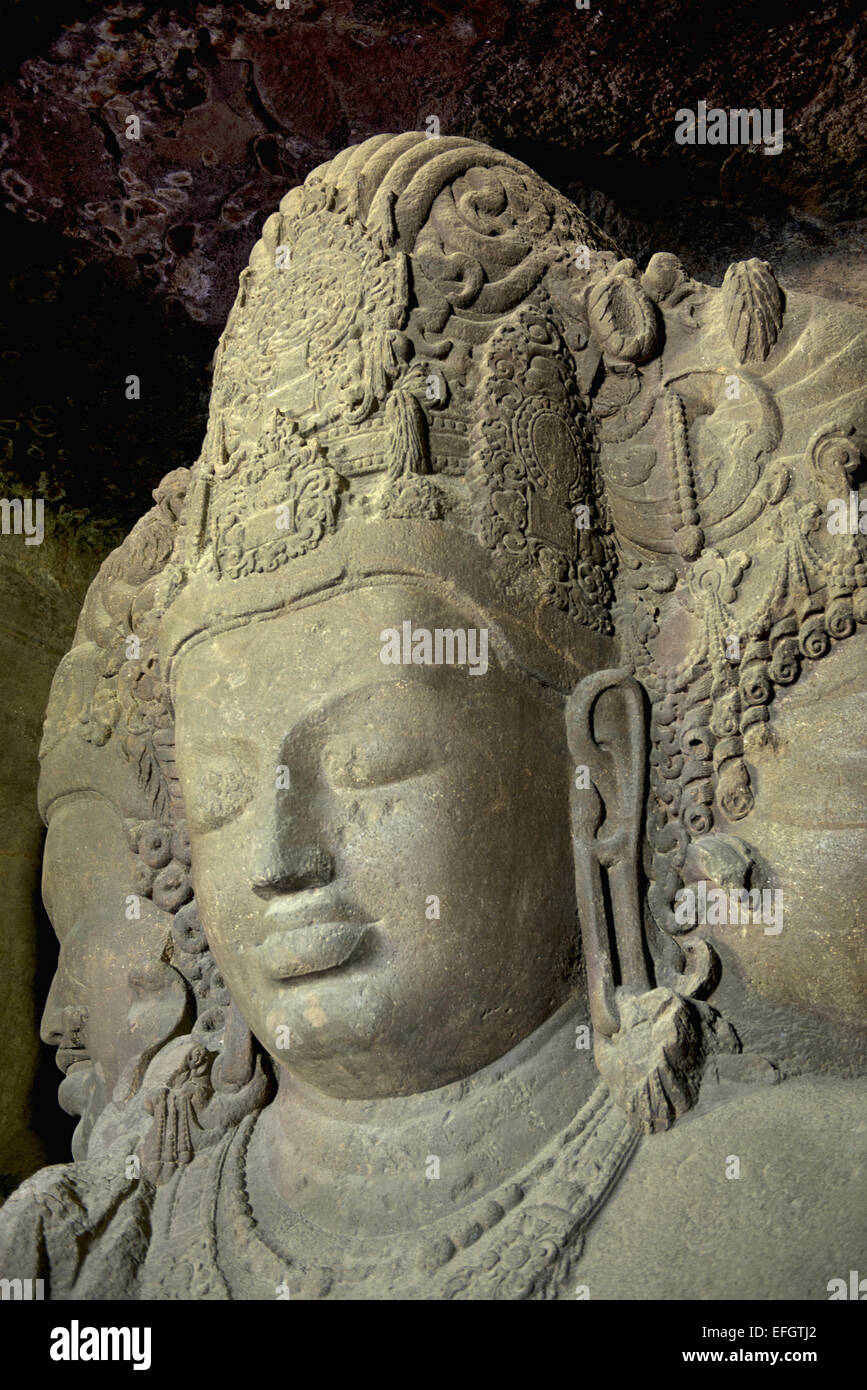 Höhle 1 zentralen Gesicht von Mahesh Murti Elephanta Höhlen, Mumbai Indien Stockfoto