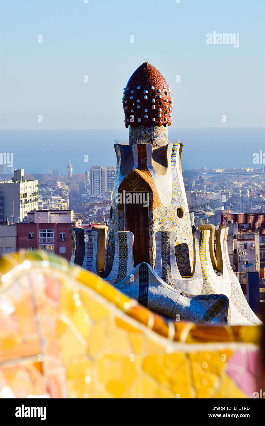 Park Güell von Antoni Gaudi Architekten entworfen. Barcelona, Katalonien, Spanien. Stockfoto