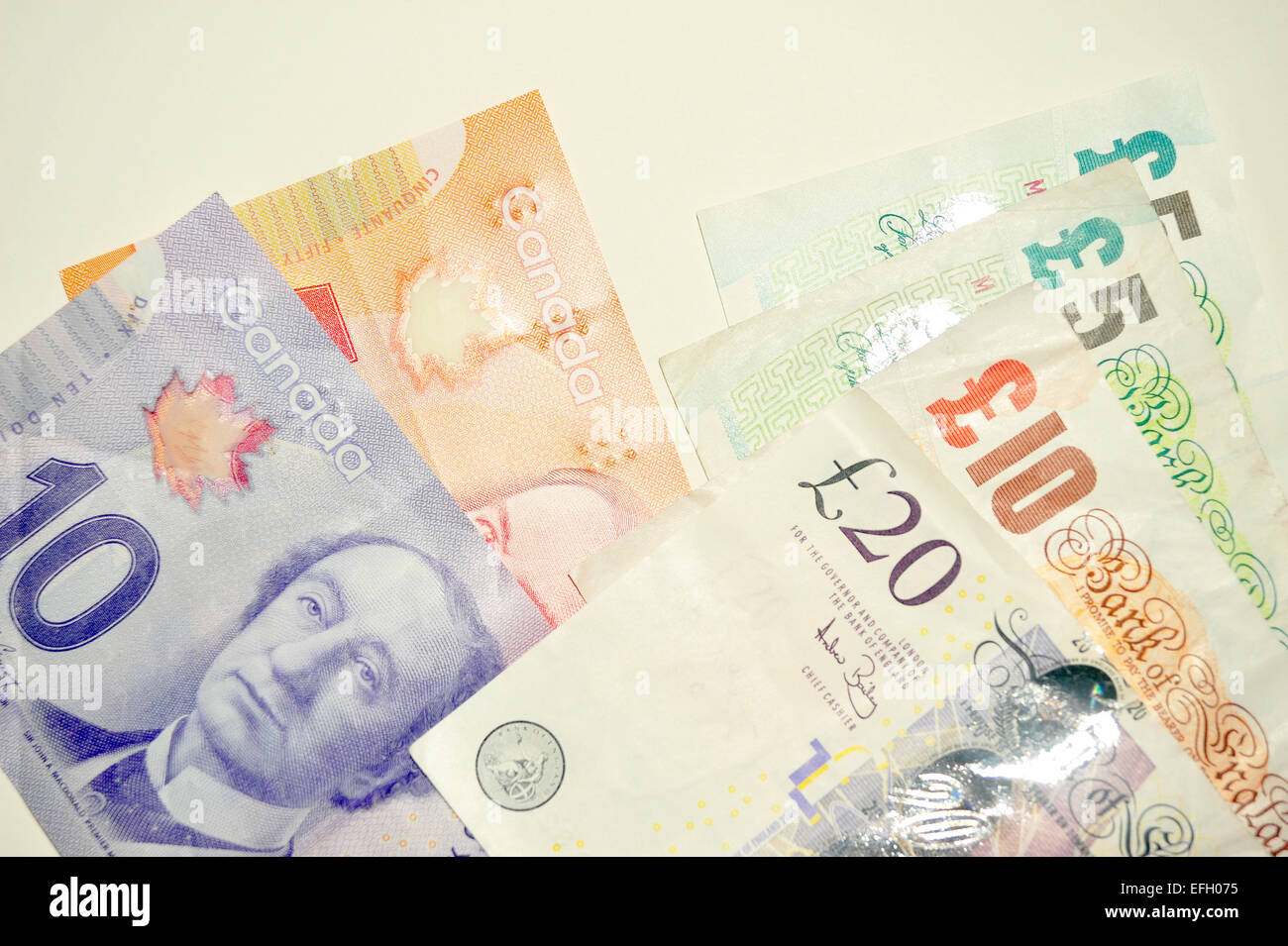 Eine Sammlung von kanadischen Dollar und britisches Pfund Noten vor einem weißen Hintergrund. Stockfoto