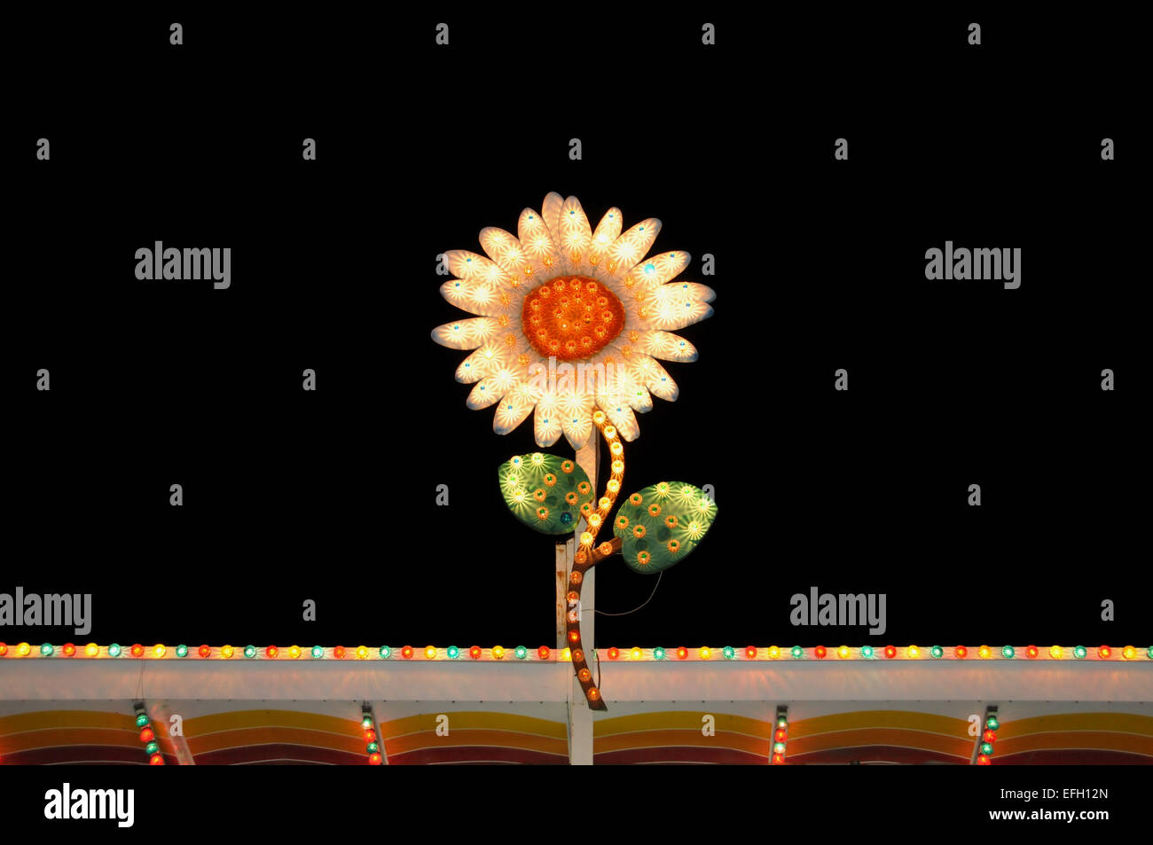 Vintage bunte Zeichen elektrische Blume mit blinkenden Lichtern in der Nacht. Zusammenfassung Hintergrund. Stockfoto