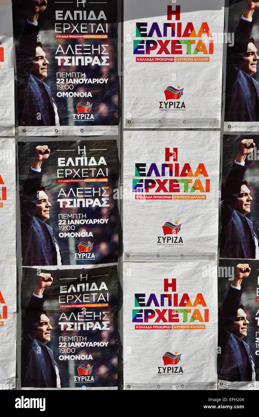 Plakate für Anti-strenge politische Partei Syriza radikalen linken Koalition, die die 25. Januar 2015 griechische nationale Wahlen gewonnen Stockfoto