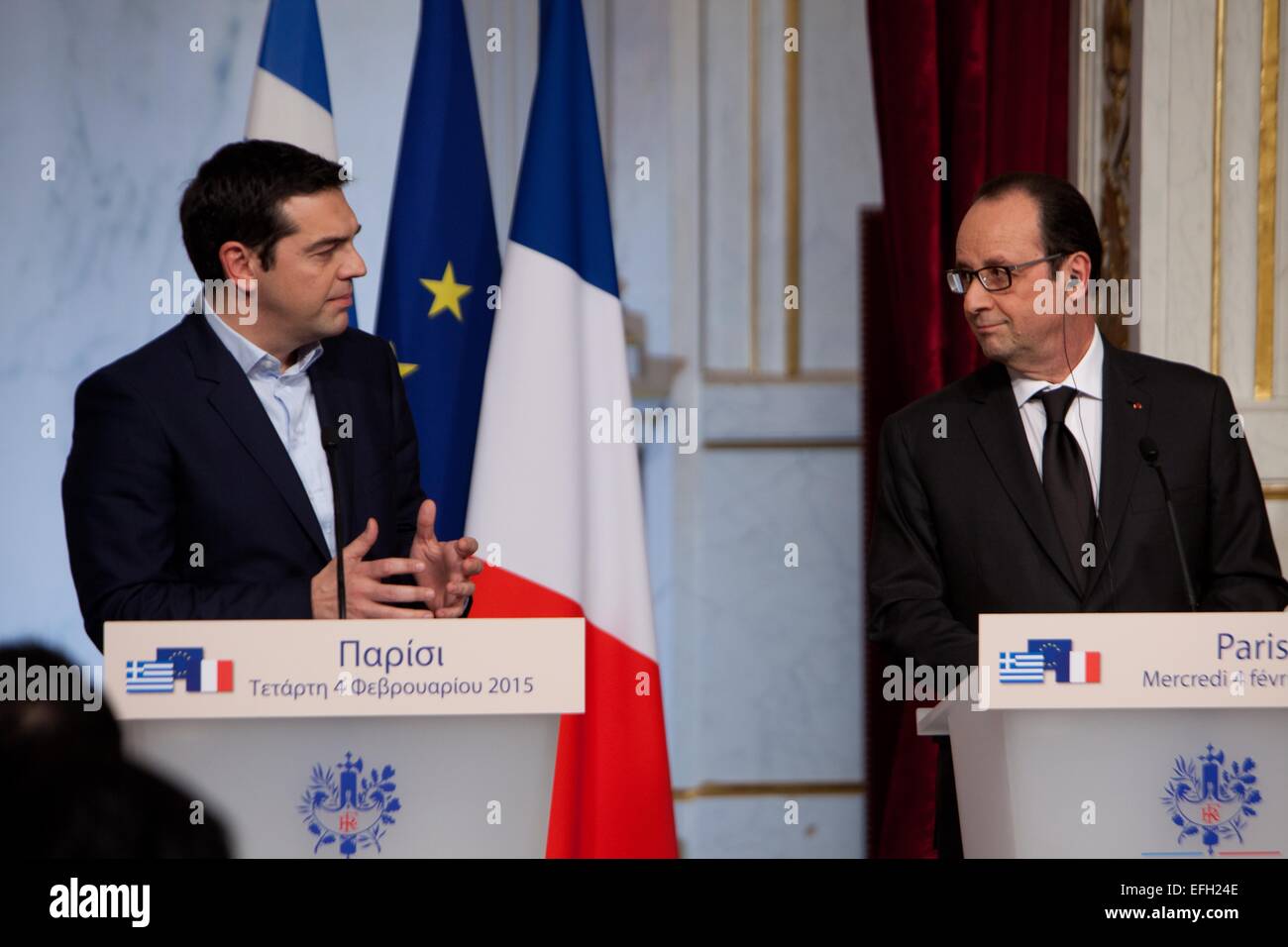 Paris, Frankreich. 4. Februar 2015. Der französische Präsident Francois Hollande und Ministerpräsident von Griechenland Alexis Tsipras, während die Presse-Erklärung in Paris. Bildnachweis: Ania Freindorf/Alamy Live-Nachrichten Stockfoto