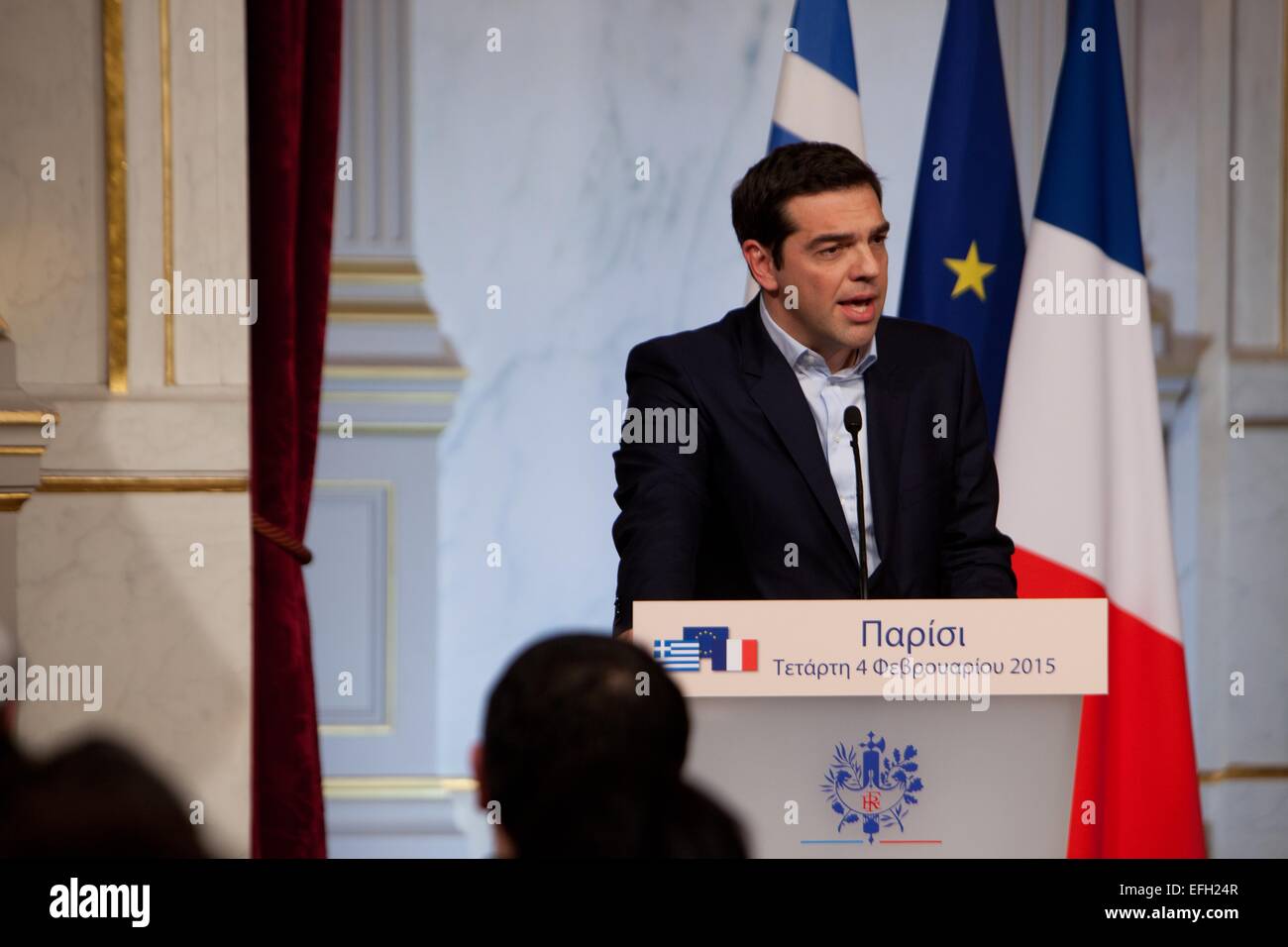 Paris, Frankreich. 4. Februar 2015. Der französische Präsident Francois Hollande und Ministerpräsident von Griechenland Alexis Tsipras, während die Presse-Erklärung in Paris. Bildnachweis: Ania Freindorf/Alamy Live-Nachrichten Stockfoto