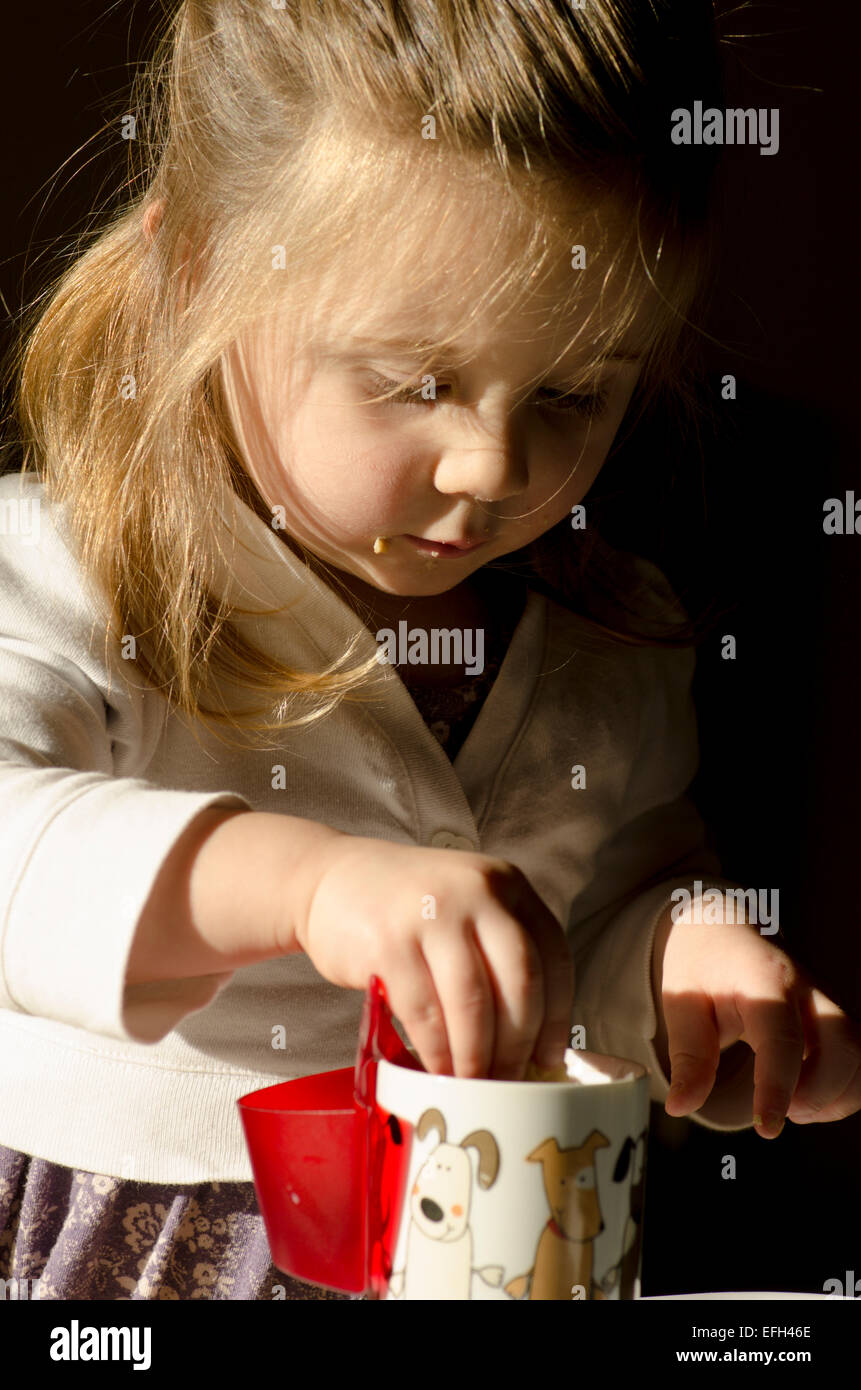 Zwei Jahre altes Mädchen Keks im Becher Tee Eintunken. Stockfoto