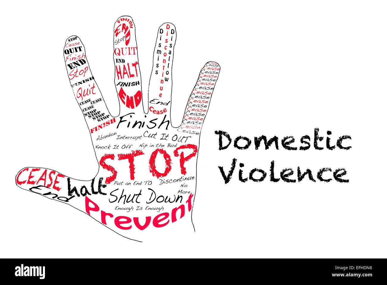 Gliederung einer Hand mit den Worten für Stop zusammen mit dem Wort häuslicher Gewalt Stockfoto
