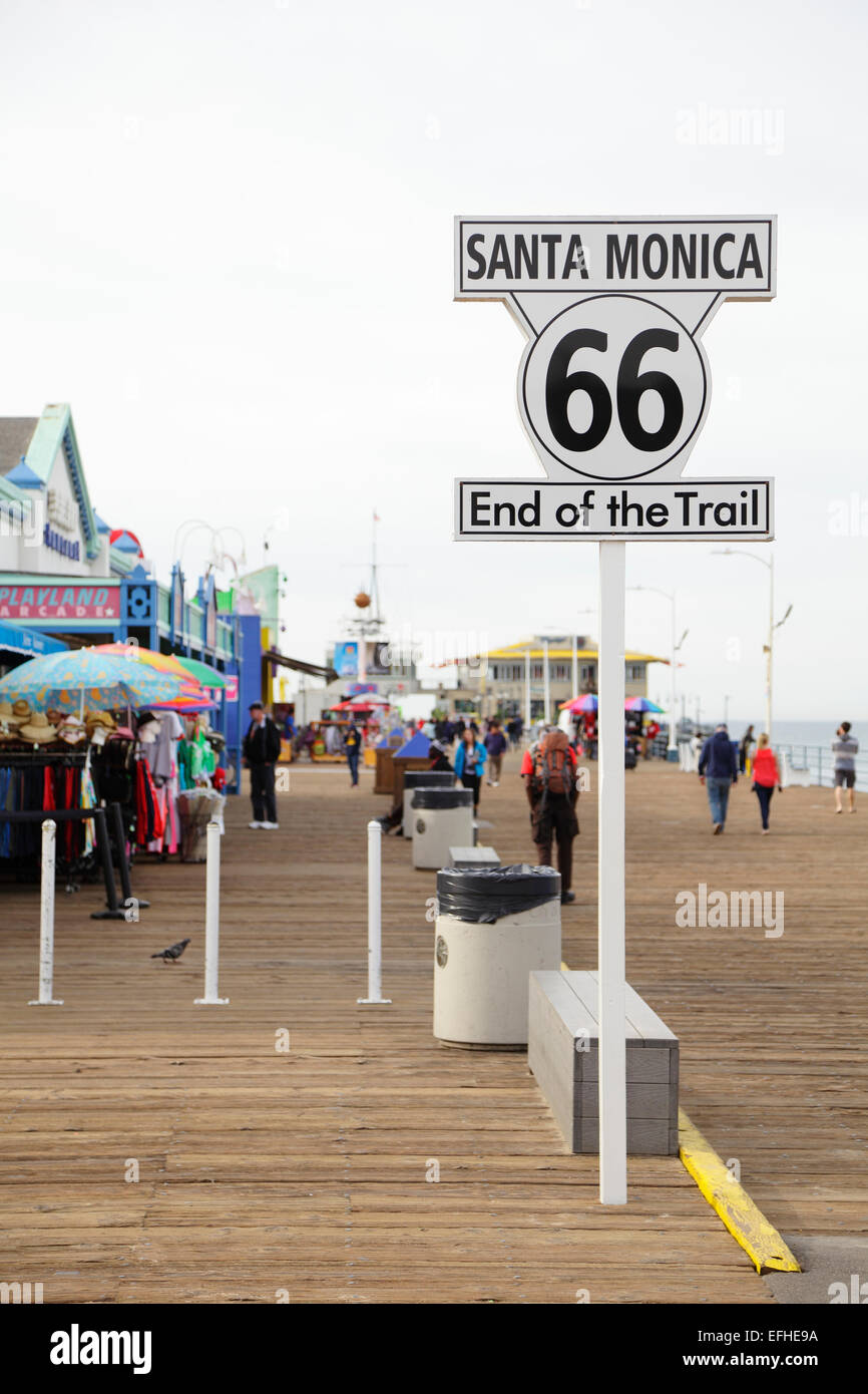 Melden Sie laufbaren Santa Monica als Endstation für Route 66, Santa Monica Pier, Santa Monica, Kalifornien, USA Stockfoto