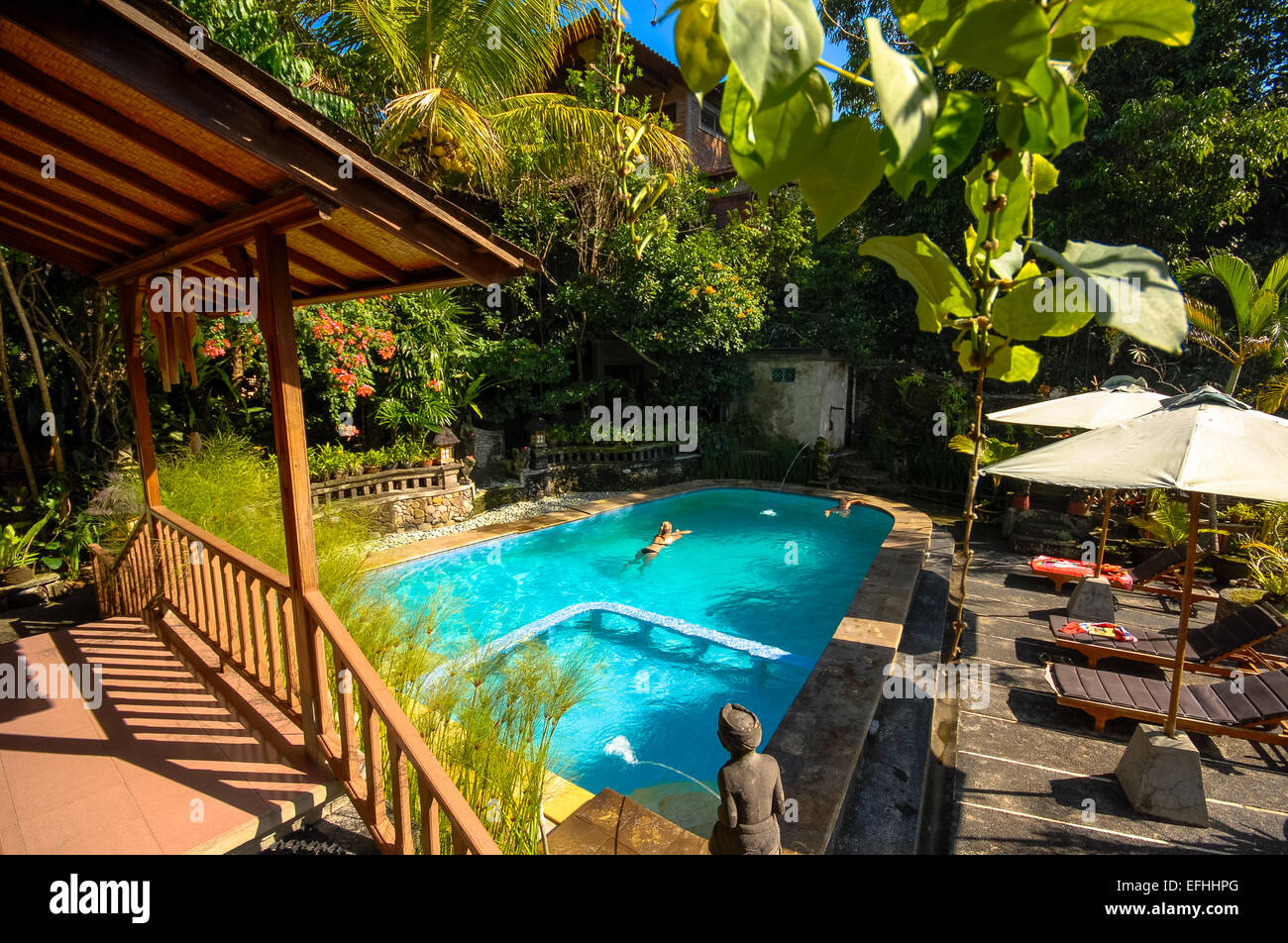 Blick auf Garten und Pool Gästehaus Ketut Platz bei Ubud Bali Indonesien Stockfoto