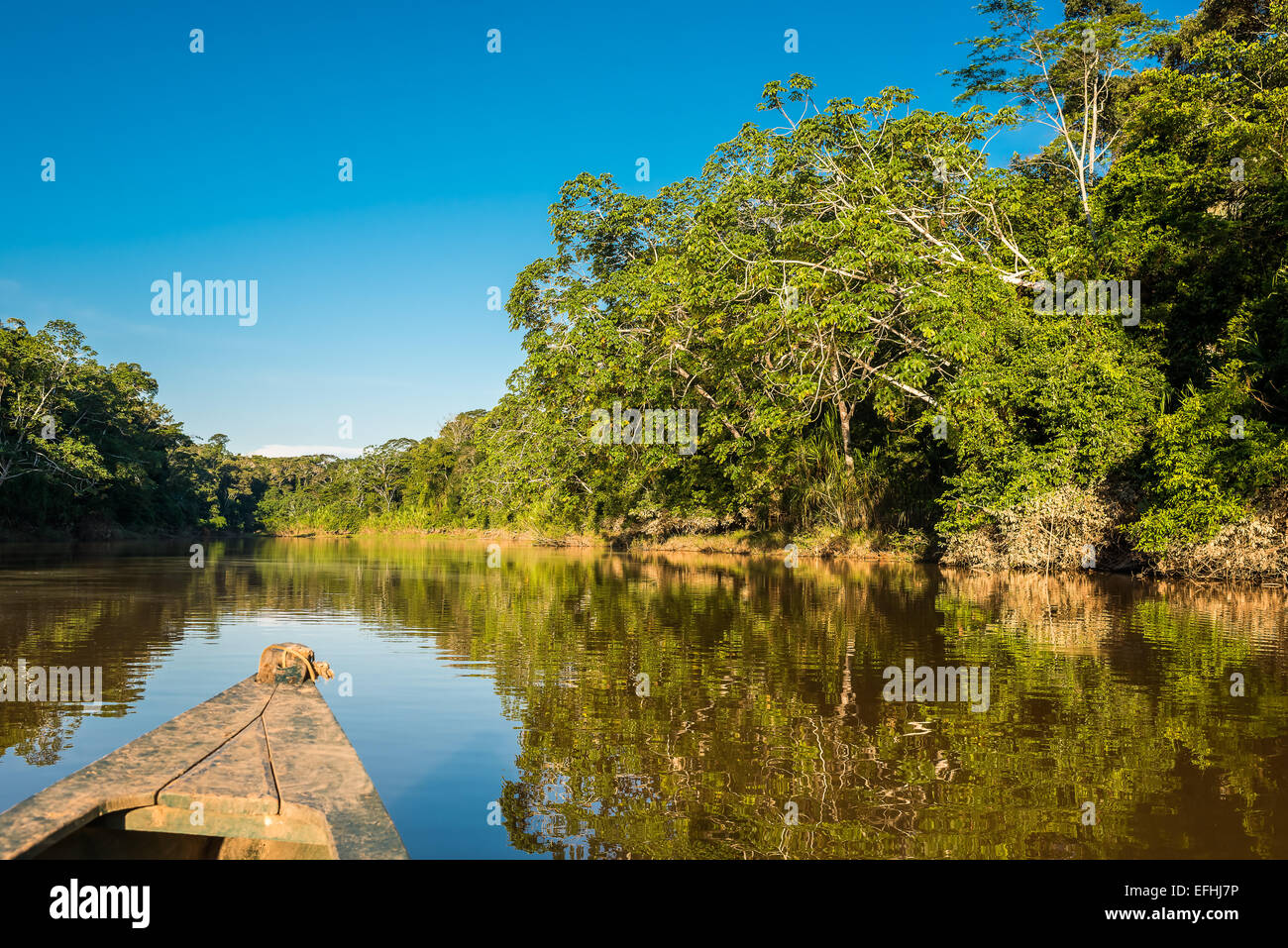 Boot in den Fluss im peruanischen Amazonas-Dschungel bei Madre De Dios, Peru Stockfoto