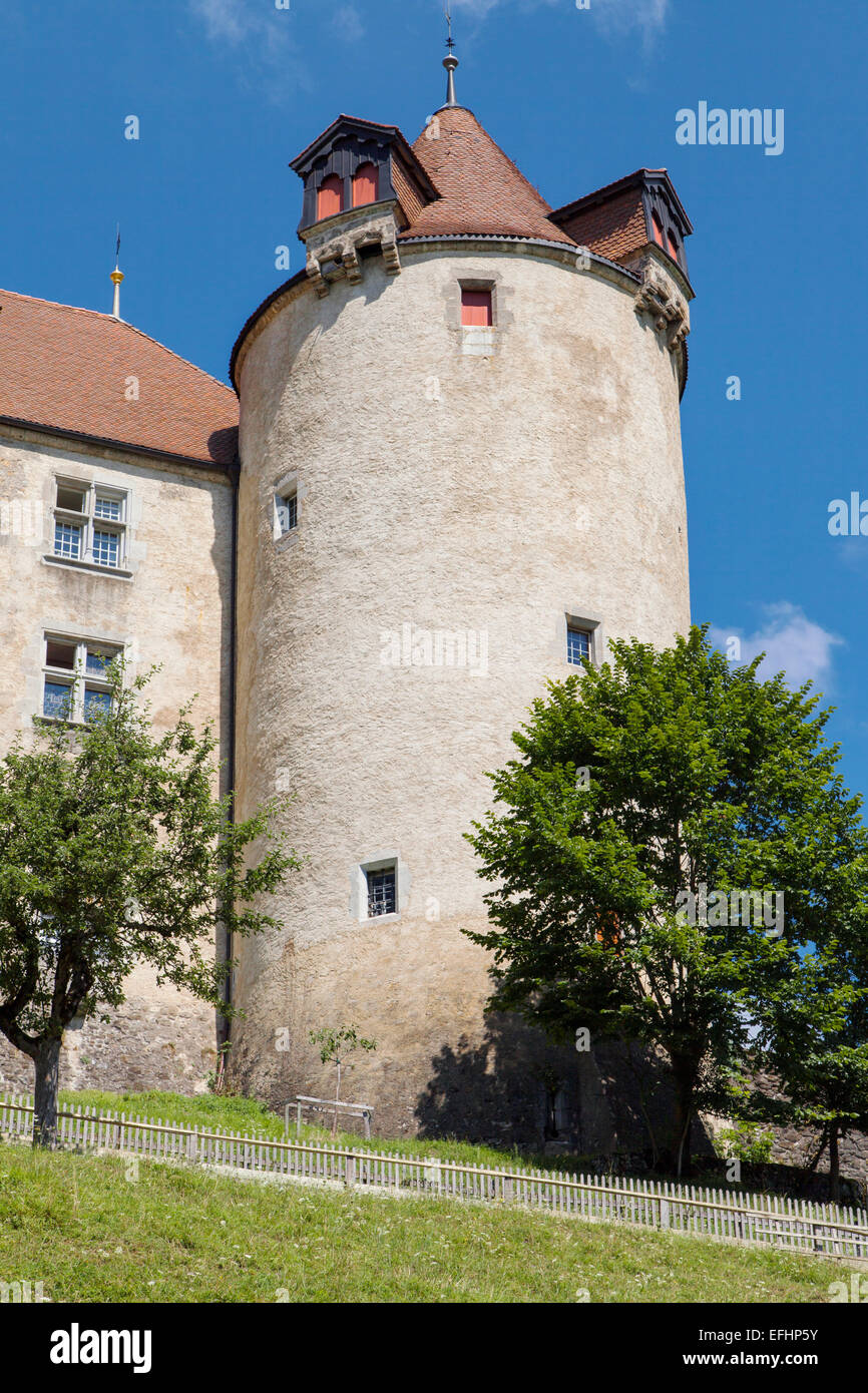 Turm des Schlosses Gruyères, Schweiz. Stockfoto