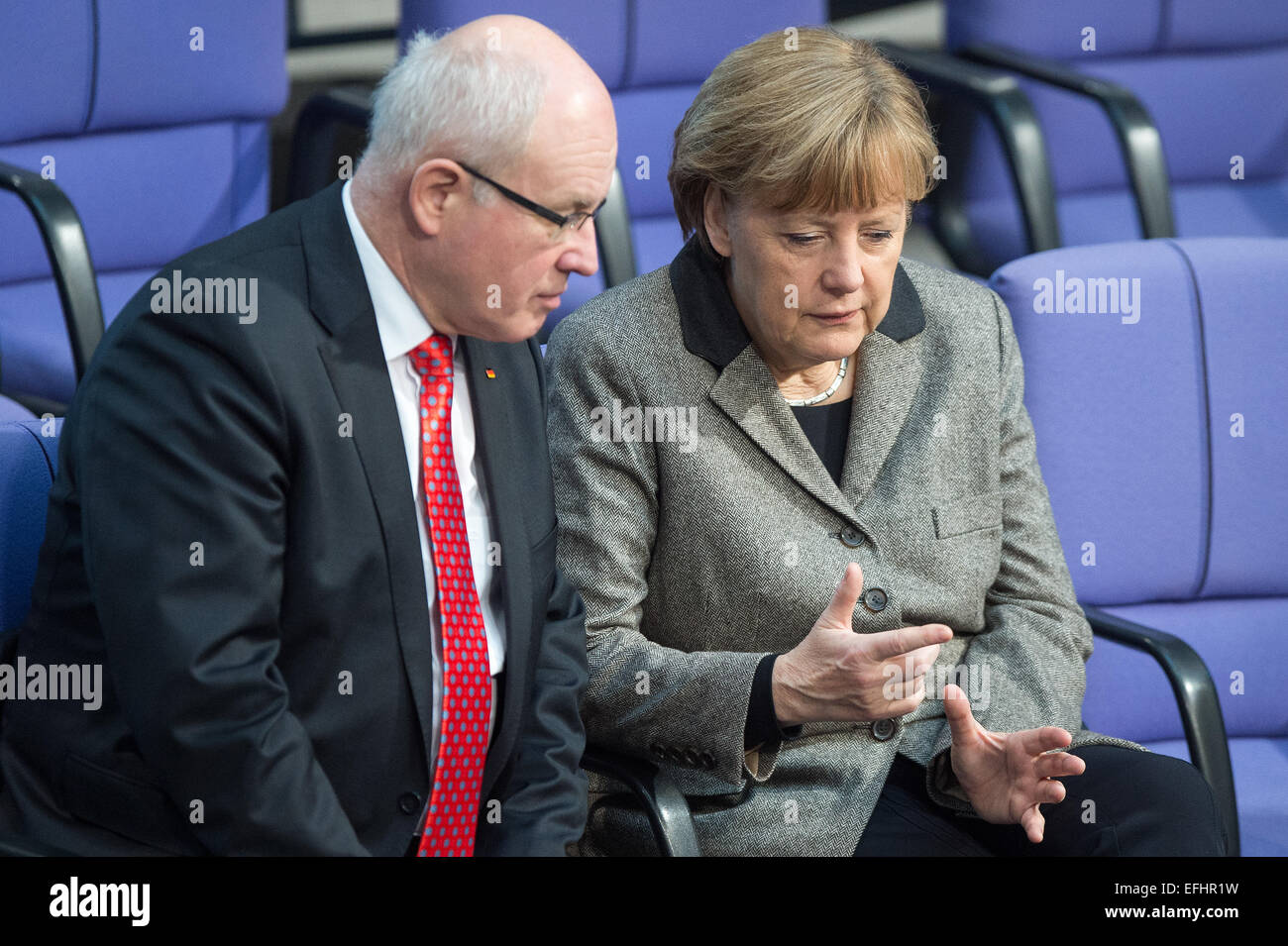 Bundeskanzlerin Angela Merkel (R, CDU) und Party-Peitsche, Volker Kauder (CDU) im Gespräch während der 85. Sitzung des Deutschen Bundestages in der 18. Legislaturperiode, Berlin, 5 Februar 2015. Foto: MAURIZIO GAMBARINI/dpa Stockfoto