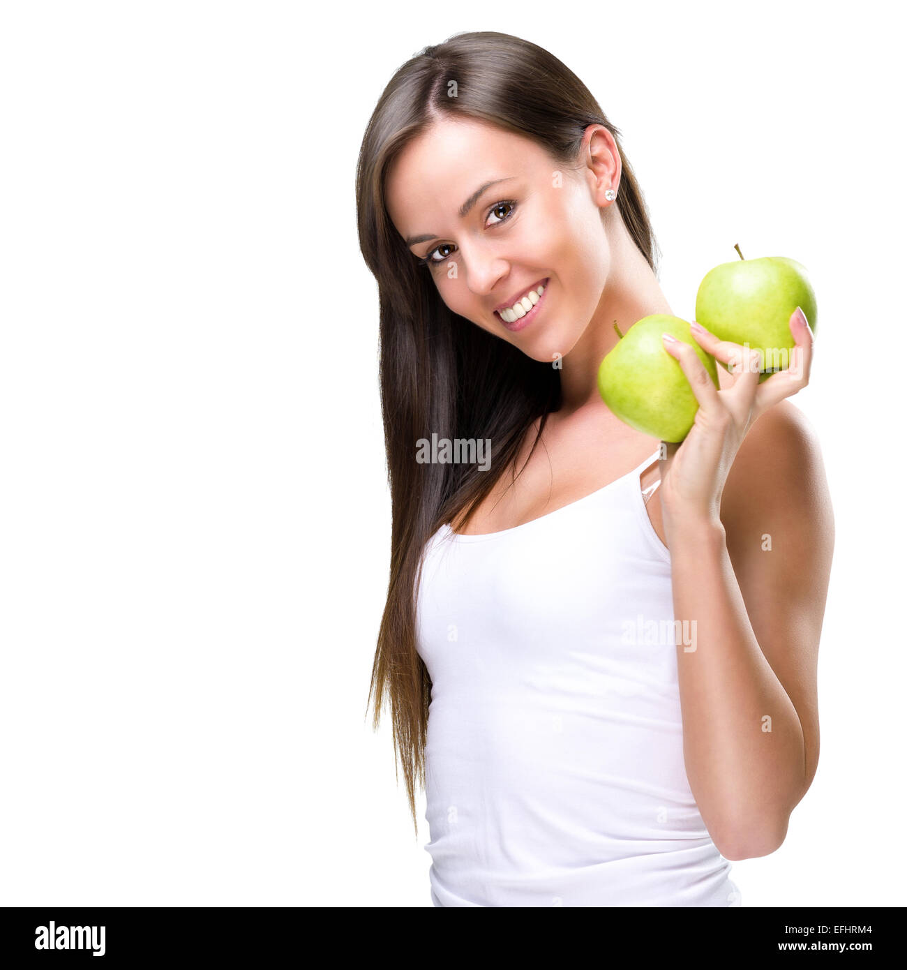 Gesunde Lebensweise - schöne, natürliche Frau hält zwei Apfel Stockfoto