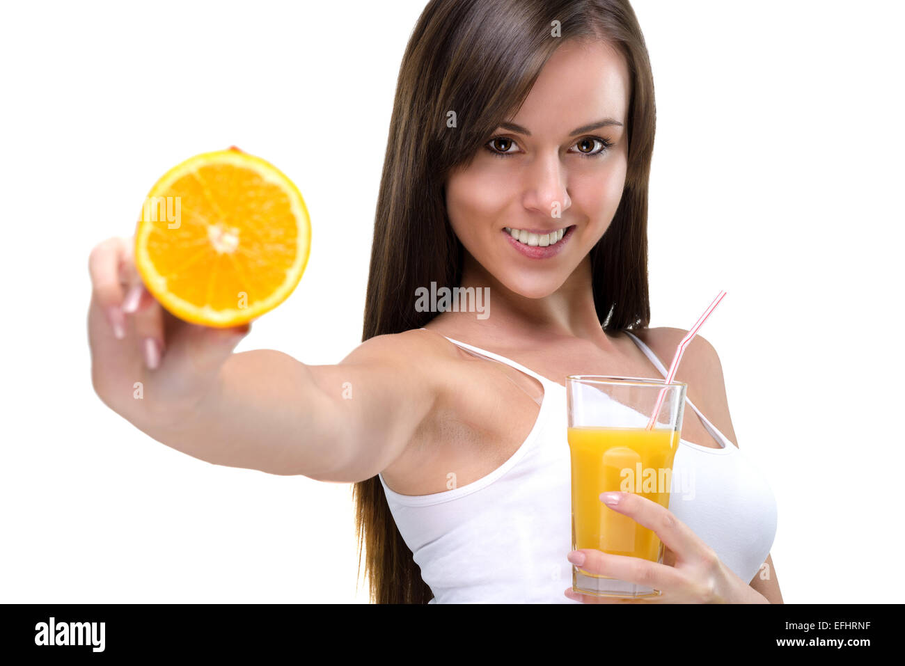 Gesunden Lebensstil! Trinken von Orangensaft, voller Vitamine Stockfoto