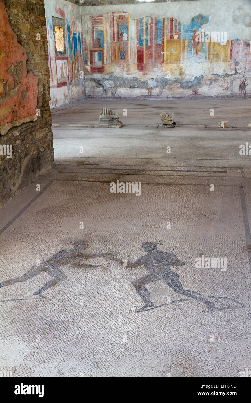 Mosaik von zwei Athleten im Eingang Flur im Haus VII.2.23, historischen Stadt Pompeji in den Golf von Neapel, Kampanien, Ita Stockfoto