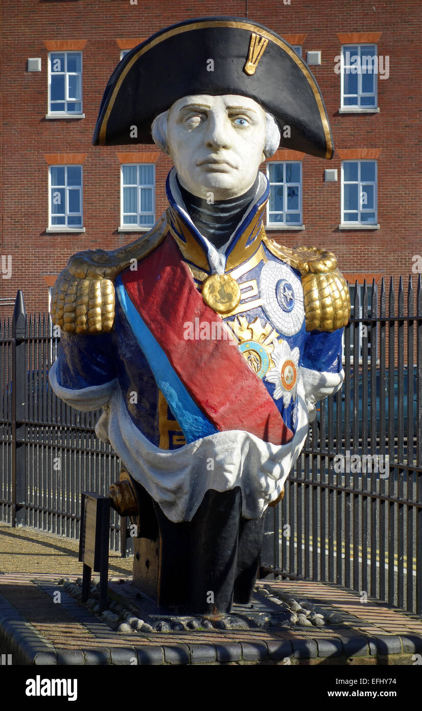 Aushängeschild von Admiral Lord Horatio Nelson bei Portsmouth Historic Dockyard, Hampshire, England, UK Stockfoto