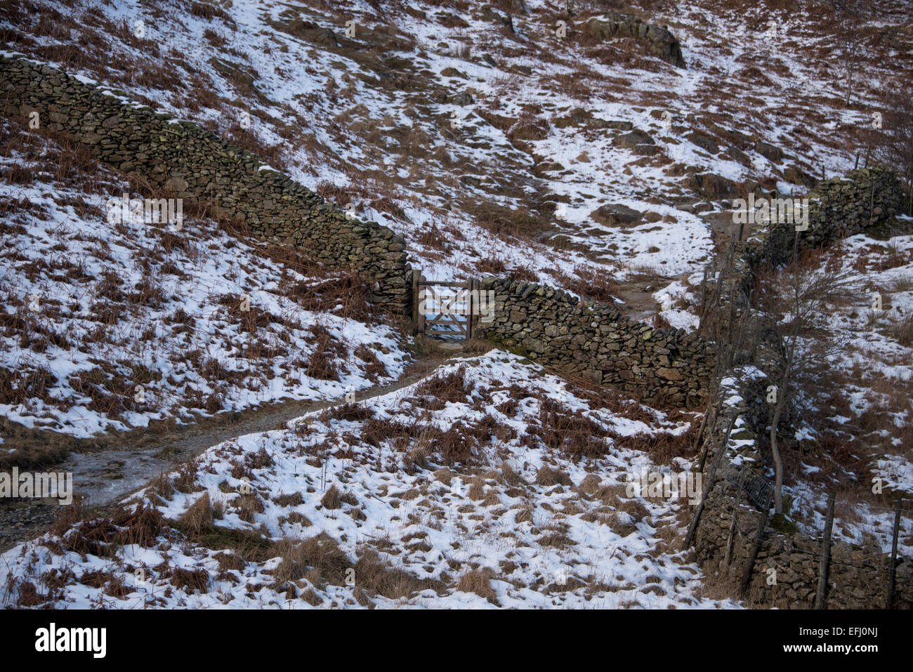 Trockenmauer und Tor im Watendlath-Tal, englischen Lake District. Stockfoto