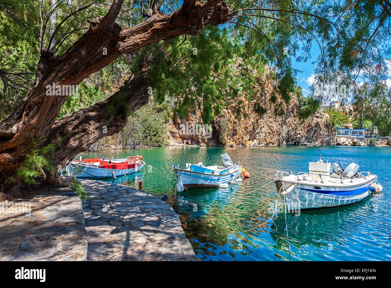 Boote auf See Überlieferung. Agios Nikolaos, Kreta, Griechenland Stockfoto