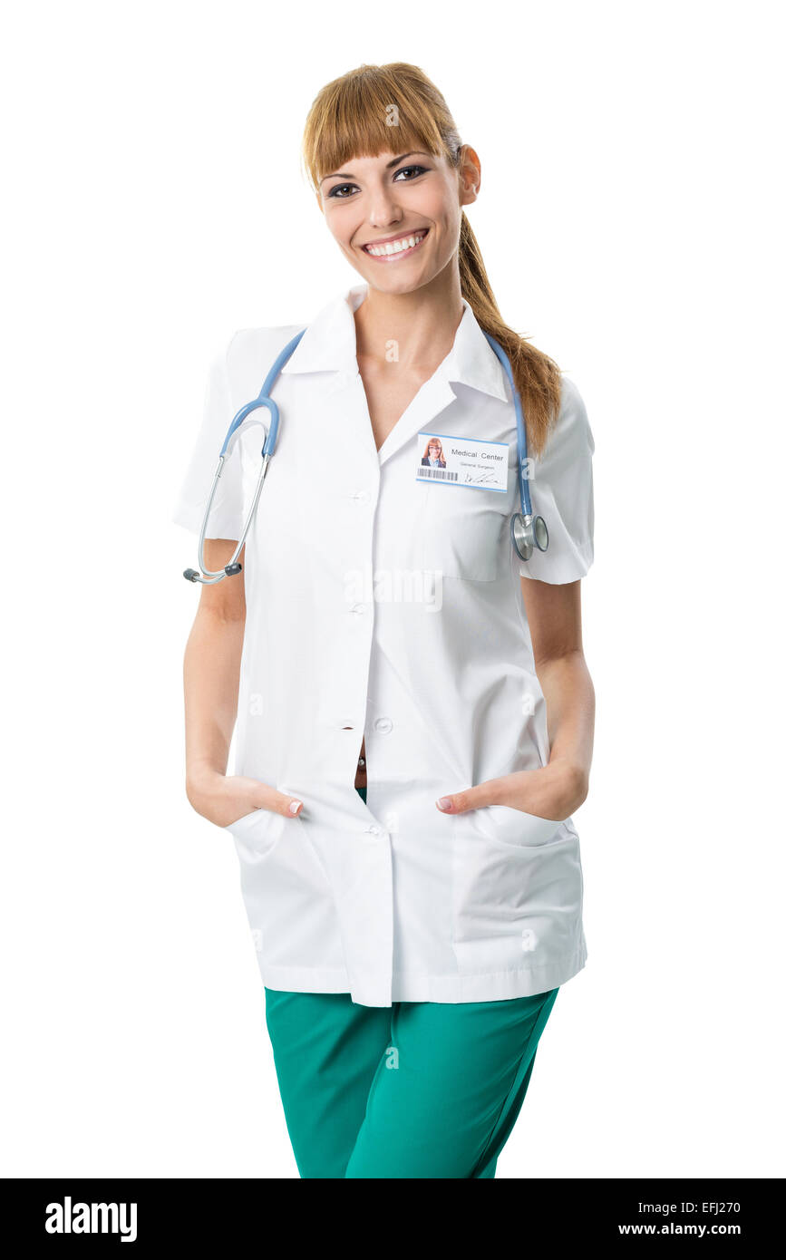 Smiling Doctor in medizinischen weißes Kleid Stockfoto