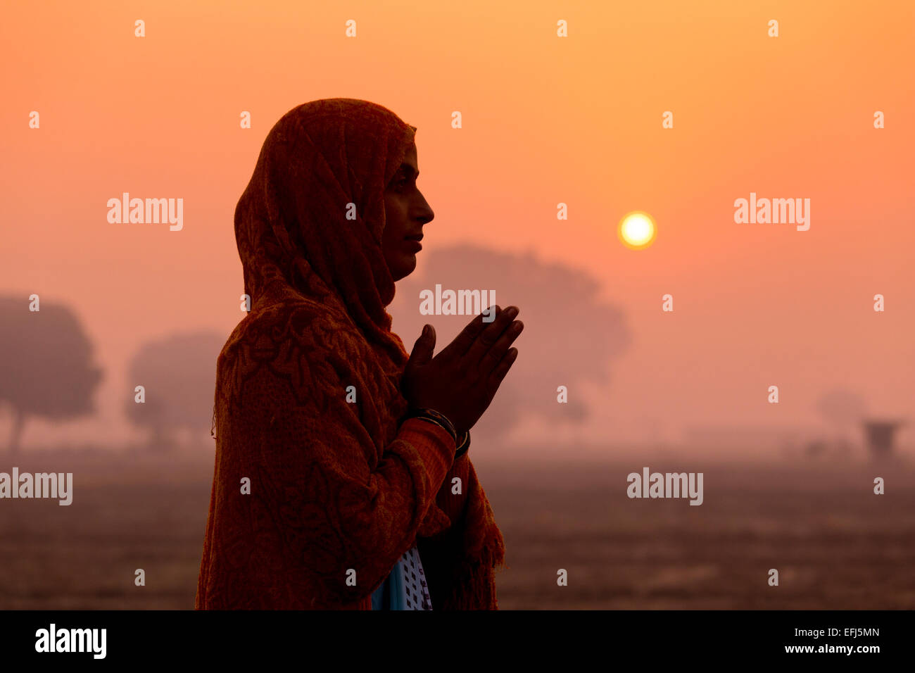 Indien, Uttar Pradesh, Agra, indische Frauen machen die Namaste-Gruß bei Sonnenaufgang Stockfoto