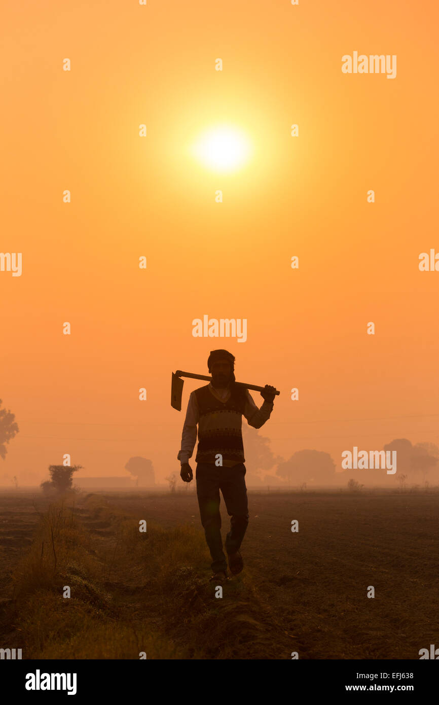 Indien, Agra, Uttar Pradesh Mann zu Fuß zur Arbeit Holding Hacke bei Sonnenaufgang Stockfoto