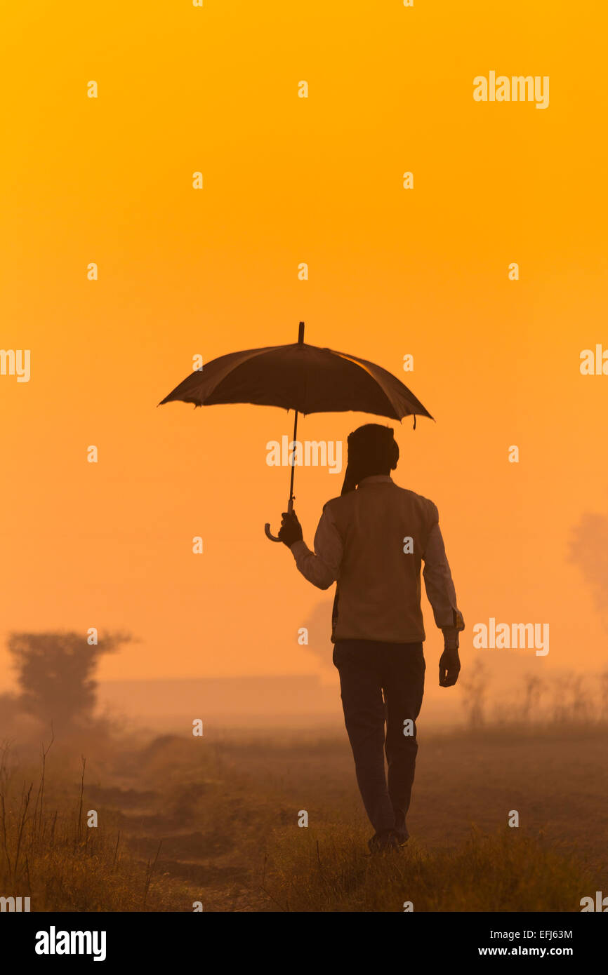 Indien, Agra, Uttar Pradesh Mann zu Fuß zur Arbeit Holding-Dach bei Sonnenaufgang Stockfoto