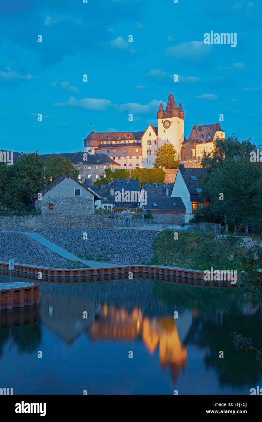 Diez Burg bei Nacht, Diez ein der Lahn, Westerwald, Rheinland-Pfalz, Deutschland, Europa Stockfoto