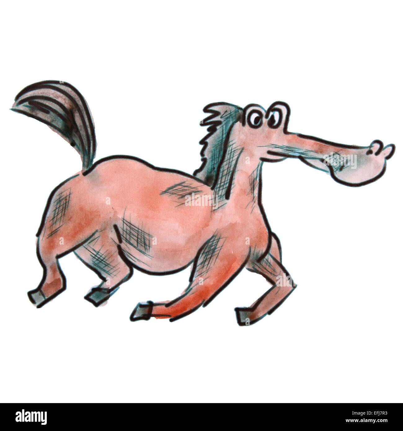 Watercwatercolor Pferd rot cartoon Zeichnung isoliert auf einem weißen Backgroundolor Pferd rot Comic Zeichnung isoliert auf einem weißen Rücken Stockfoto