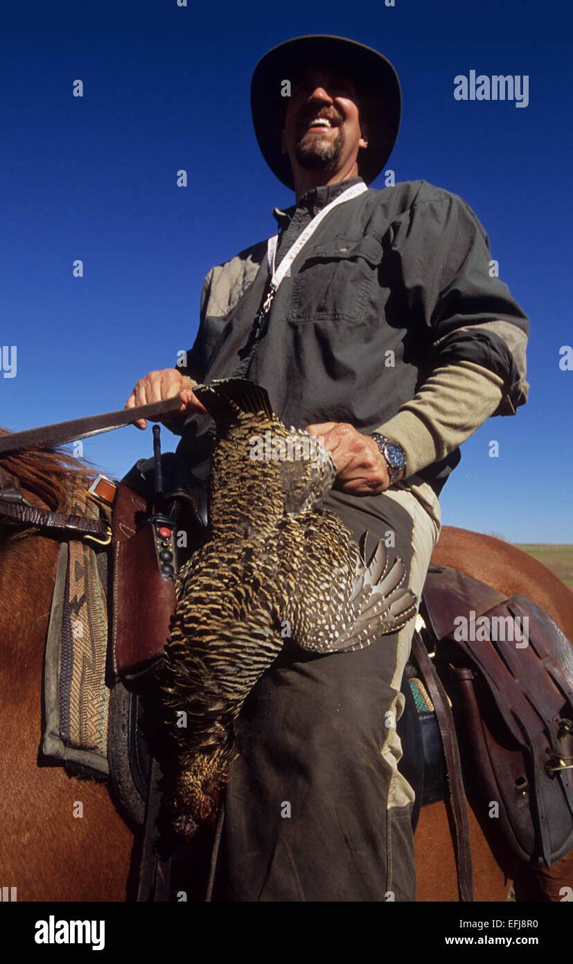 Ein Jäger zu Pferde mit einem Prairie Huhn während der Jagd in South Dakota Stockfoto