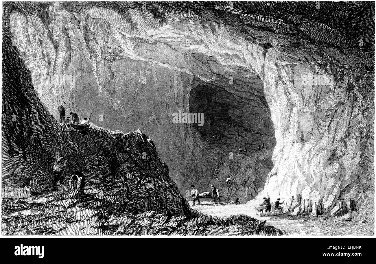 Thrang Crag Schiefer Steinbruch (Eigentum des Herrn Lowther), Great Langdale, Lake District, Cumbria, UK, Kupferstich aus dem Jahre 1838 Stockfoto
