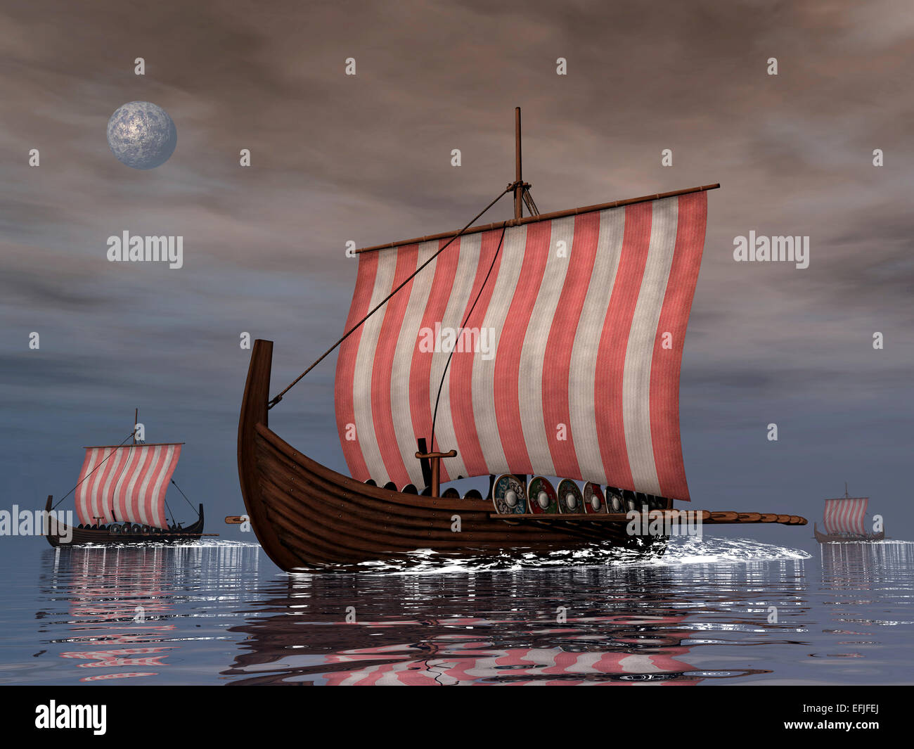 Drekar Viking Schiffe navigieren im Ozean in der Nacht. Stockfoto