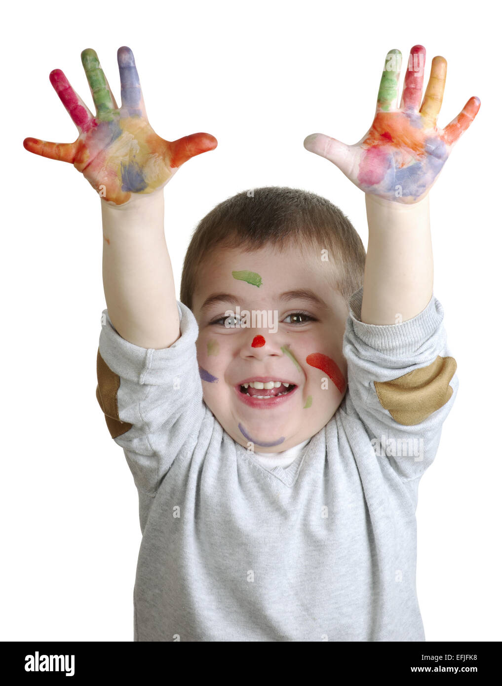 glücklich kleiner Junge mit Lacken auf Handflächen isoliert auf weißem Hintergrund Stockfoto