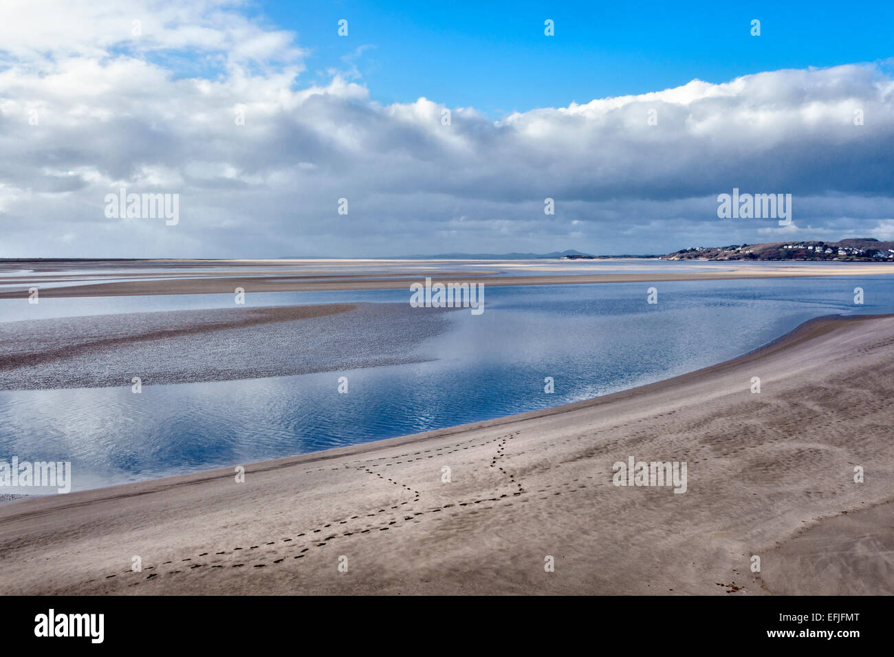 Portmeirion, Nordwales, Großbritannien. Fußspuren im Sand in der ruhigen Whitesands Bay an der Mündung der Dwyryd-Mündung, unterhalb des Gwyllt Stockfoto