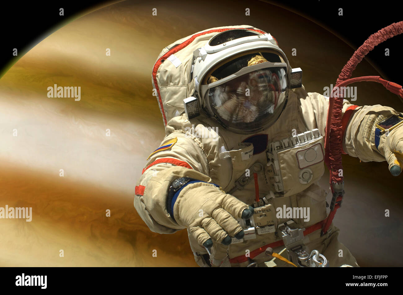 Ein Kosmonaut schwebt im Raum über einem großen fremden Planeten. Stockfoto