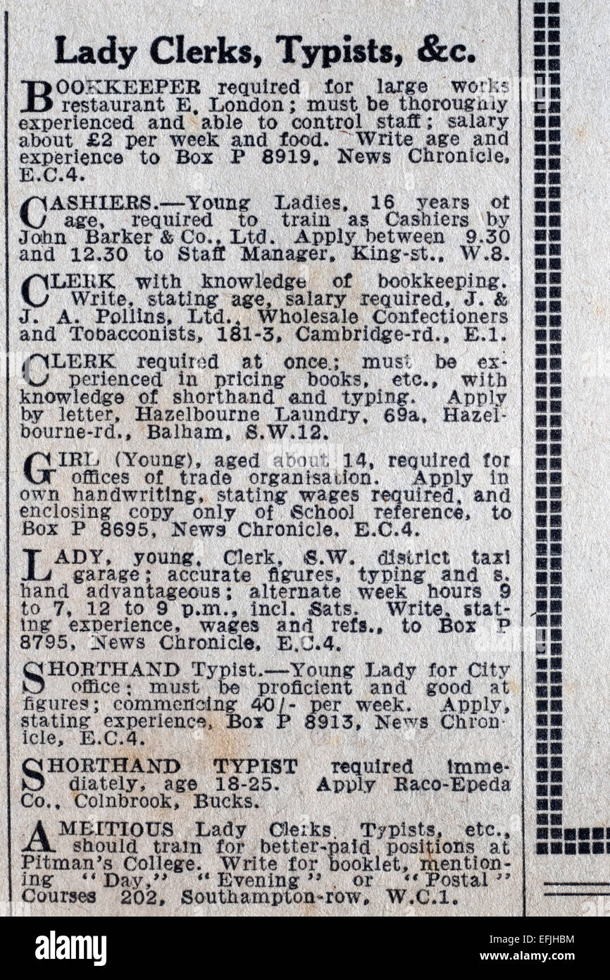 Zeitungsanzeige schneiden aus den späten 1930er Jahren Anfang der 1940er Jahre für Stellenangebote Stockfoto