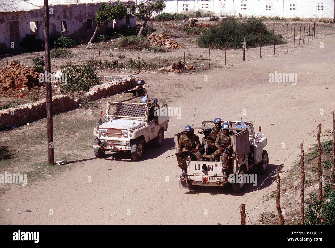 UN-Patrol auf den Straßen rund um Kismaayo circa November 1994 Stockfoto