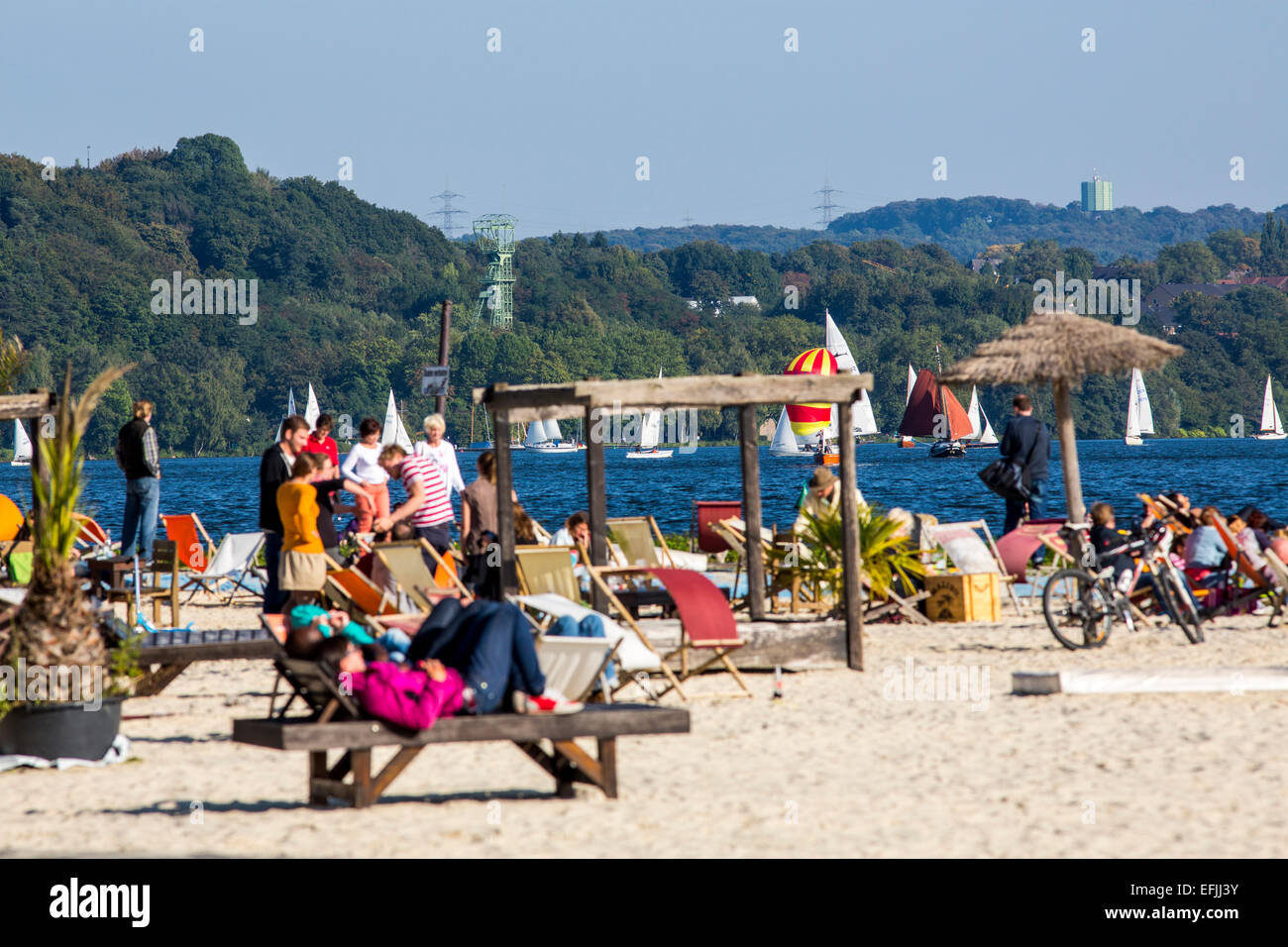 Seaside Beach am Baldeneysee in Essen, ehemalige Lido, 65000 qm Erholungsgebiet mit einem Sandstrand, Fluss Ruhr, Essen, Deutschland, Stockfoto