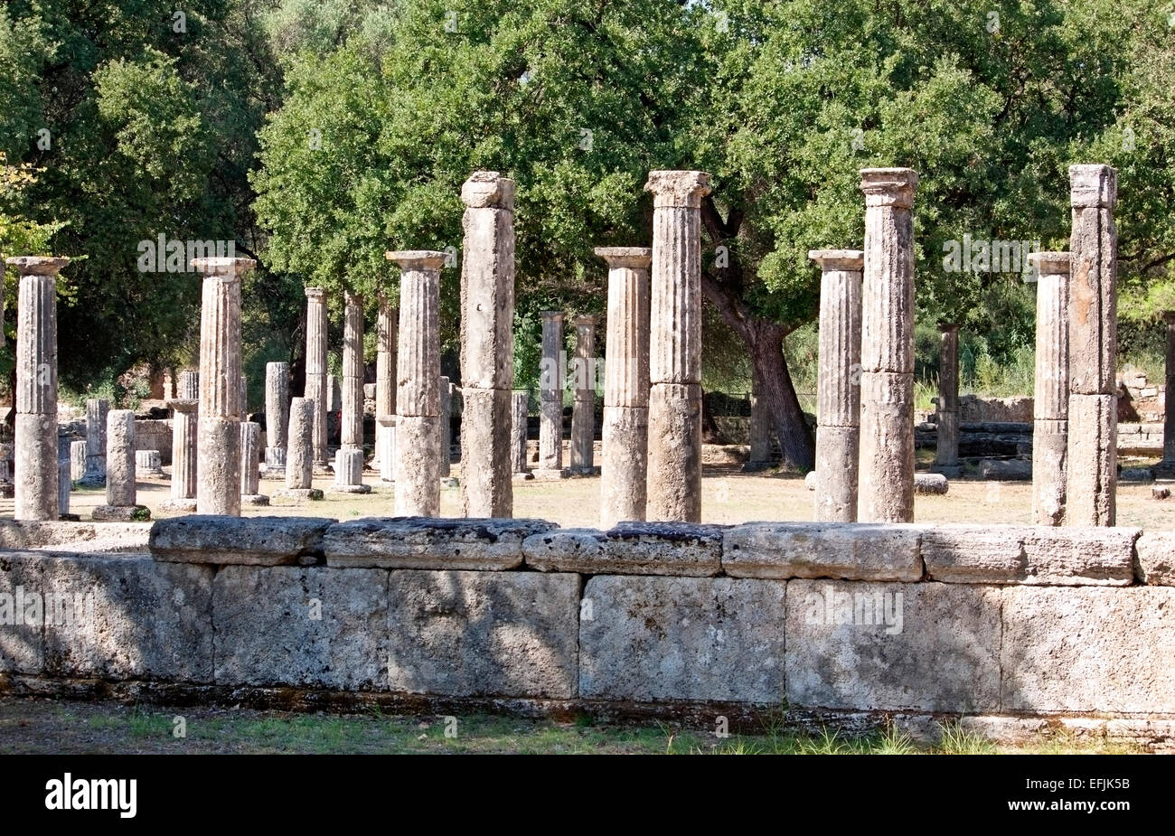 Dorischen Säulen in den Ruinen der Palestra, antiken Olympia, der Peloponnes, Griechenland, die für Sportarten wie Ringen verwendet wurde Stockfoto