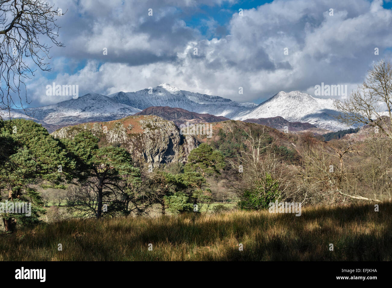 Nationalpark Eryri (Snowdonia), Wales, Großbritannien. Ein weiter Winterblick auf den schneebedeckten Yr Wyddfa (Mt. Snowdon), mit 1085 m der höchste Berg in Wales Stockfoto