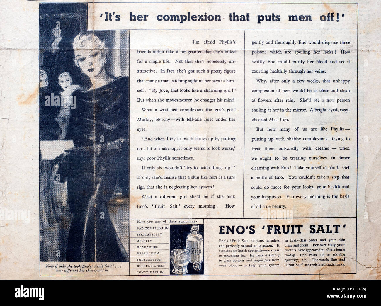 Zeitungsanzeige schneiden aus den späten 1930er Jahren Anfang der 1940er Jahre für Enos Salze Obst Stockfoto