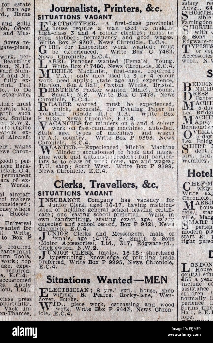 Zeitungsanzeige schneiden aus den späten 1930er Jahren Anfang der 1940er Jahre für Stellenangebote Stockfoto