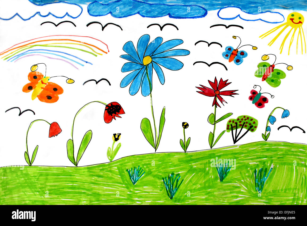 Bunte Kinder Zeichnung mit Regenbogen Schmetterlinge und Blumen Stockfoto