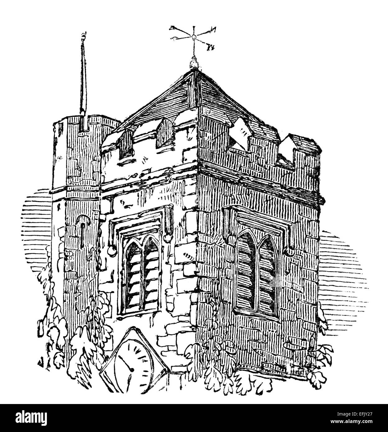 Viktorianische Gravur von einem Glockenturm. Digital restaurierten Bild aus einem Mitte des 19. Jahrhundert Enzyklopädie. Stockfoto